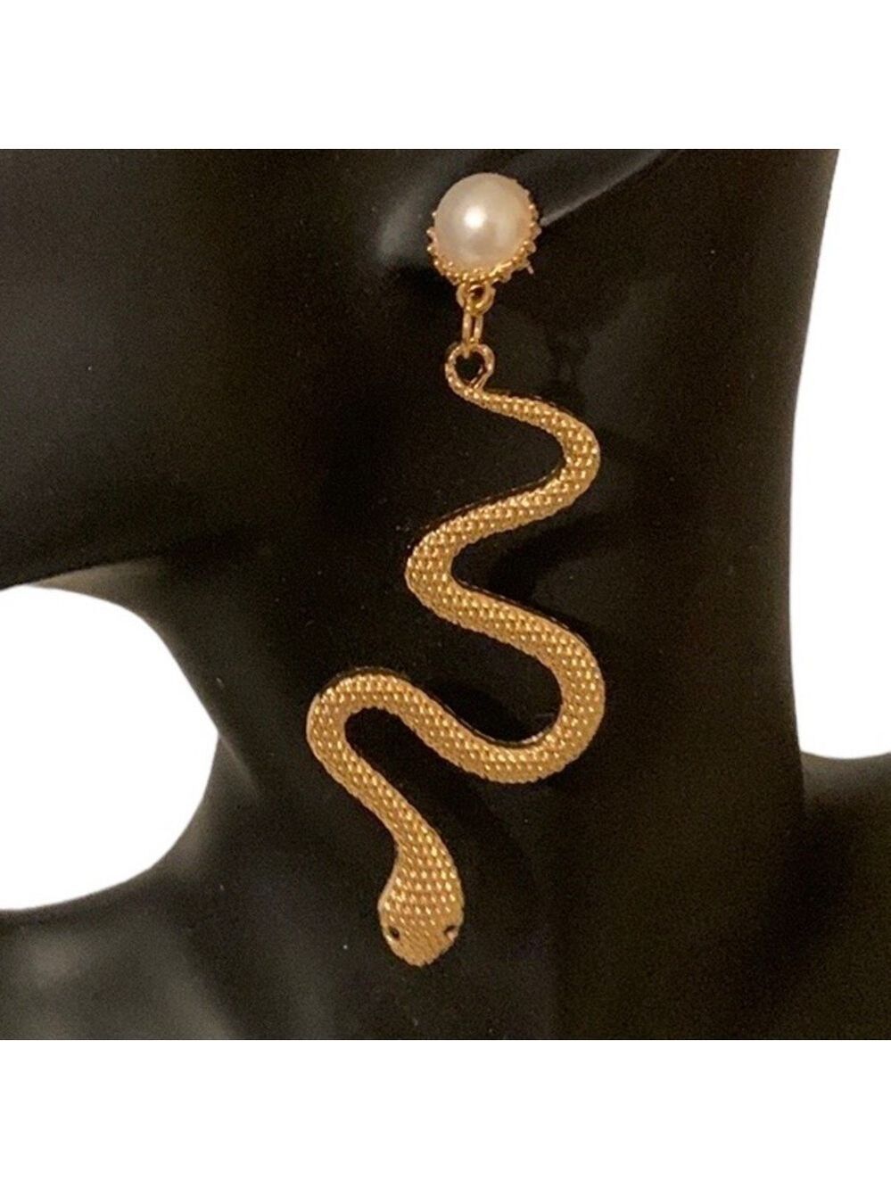 GOLD Tone Snake and Pearl Dangle Pierced Earrings Stud Back